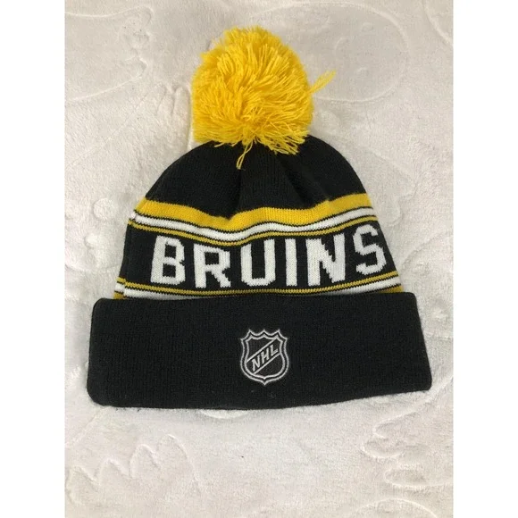 Boston Bruins Hat Beanie Youth Black Yellow NHL Hockey Pom Cuff Knit Winter - Picture 2 of 6